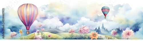 A single hot air balloon adorned with flowers and vibrant patterns  floating high above fluffy white clouds  watercolor style on a white background  cartoon