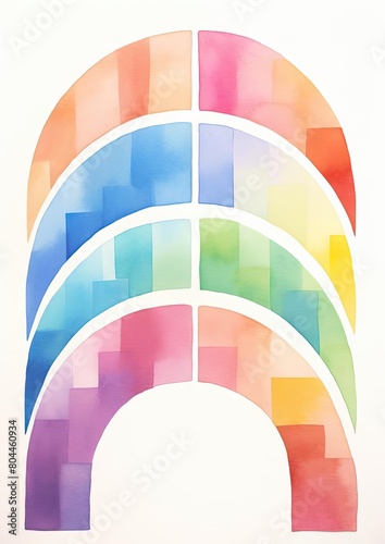 A sequence of bold, saturated rainbow arches, each featuring a different primary color, offering a striking visual impact, watercolor style on a white background, animation 3D