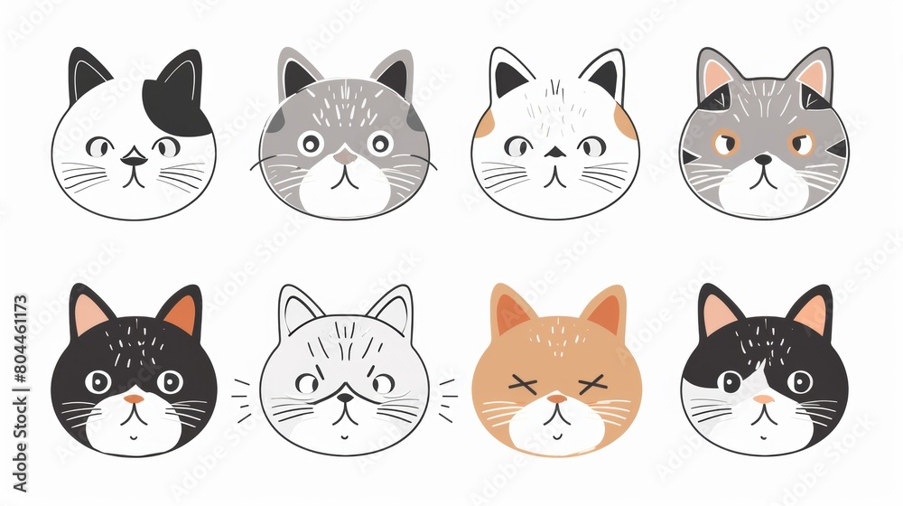 Flat Vector illustration of cute cat. Collection sets