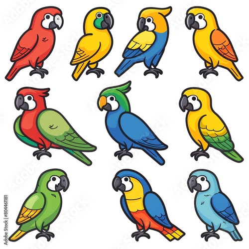 Colorful cartoon parrots. Vector illustration of parrots isolated on white background.