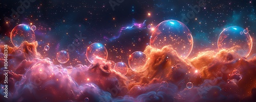 An abstract painting of a nebula with bubbles. The bubbles are made of glass and the nebula is made of gas. The colors are vibrant and the painting has a sense of depth.