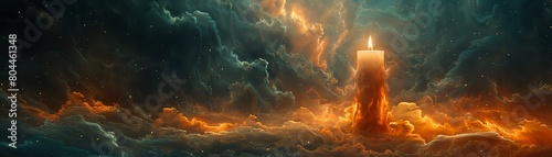 A single candle flame flickers in the vastness of space, surrounded by swirling clouds of gas and dust