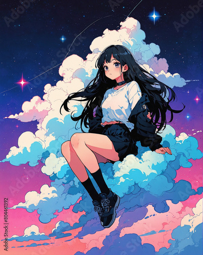 Dreamy Anime Character Sitting on Fluffy Cloud in the Sky