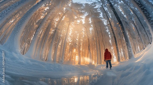 A lone traveler trudges through a frozen forest, the only sound the crunch of snow underfoot photo