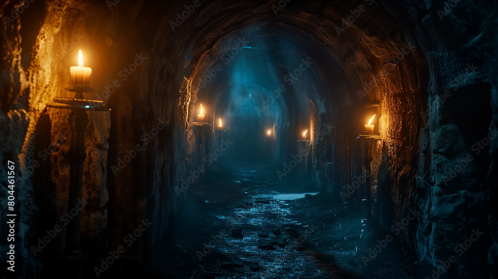 Medieval castle underground endless long scary cave corridor with  burning candles Mystical nightmare concept