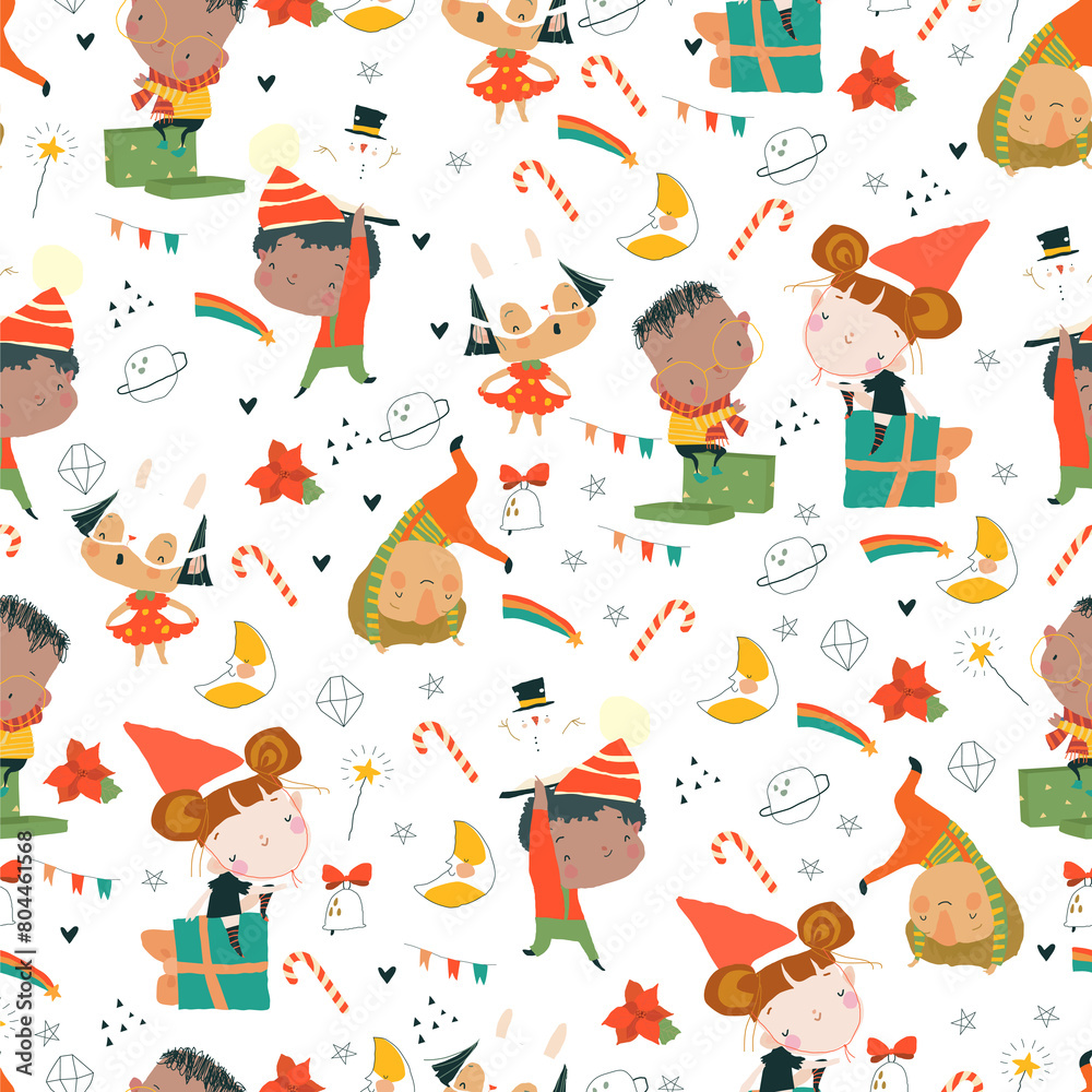 Vector Seamless Pattern with Happy Children wearing Carnival Costumes celebrating Christmas