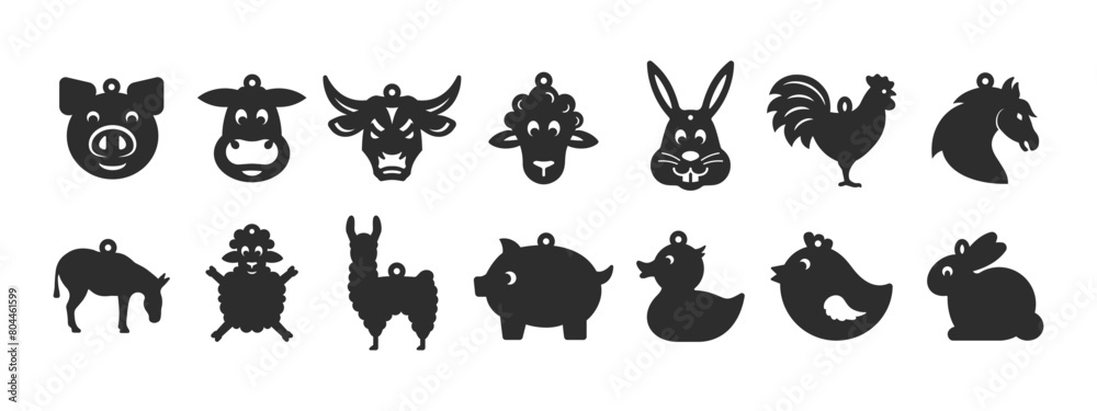 Set of 14 designs with farm animals shape for earrings, pendant or keychain. Funny jewelry silhouette cut template. Laser cutting with leather, wood or metal. Vector stencils Set of 14 designs with farm animals shape for earrings, pendant or keychain. Funny jewelry silhouette cut template. Laser cutting with leather, wood or metal. Vector stencils