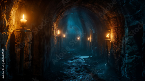 Medieval castle underground endless long scary cave corridor with  burning candles Mystical nightmare concept