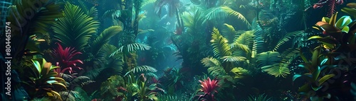 Neon Hued Jungle Dreamscape A Primal Luminescent Tropical Realm Awash in Vibrant Foliage and Fantastical Lights