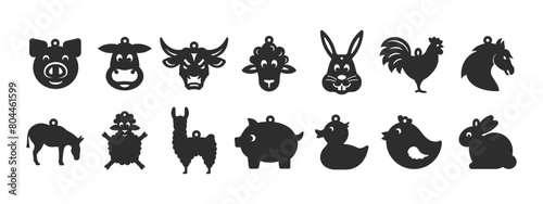 Set of 14 designs with farm animals shape for earrings, pendant or keychain. Funny jewelry silhouette cut template. Laser cutting with leather, wood or metal. Vector stencils