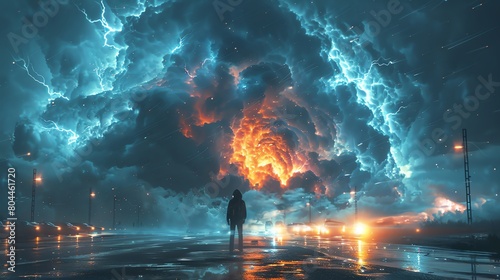 The storm raged on, but the figure stood resolute, facing the full force of nature's fury