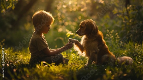 Dog and child play on lawn in outdoor park