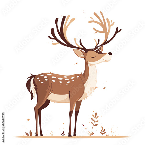 A cute cartoon deer with big antlers is standing in a field of grass. The deer is smiling and looks happy. The sun is shining brightly in the background.