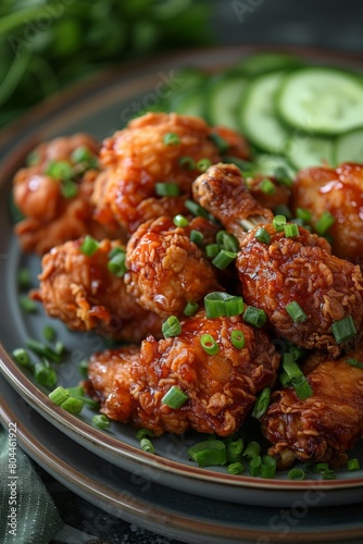 Plate of fried chicken with green onions and cucumbers