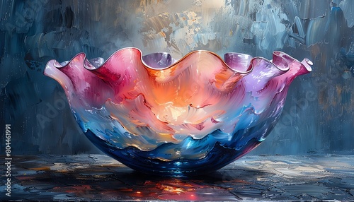 A beautiful painting of a glass bowl with a colorful abstract design photo