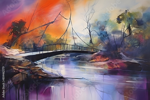 fascinating river spanning bridge  abstract landscape art  painting background  wallpaper  generative ai