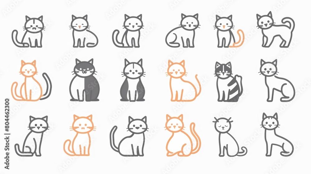 Flat Vector illustration of cute cat. Collection sets