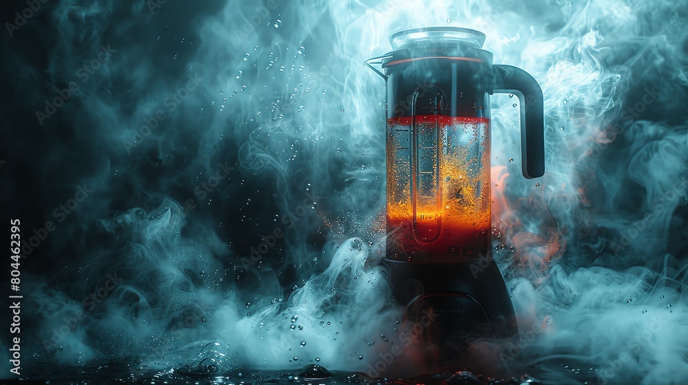 Photograph of a blender with smoke coming out of it. The smoke is blue and white. Photograph of a blender with smoke coming out of it. The smoke is blue and white.
