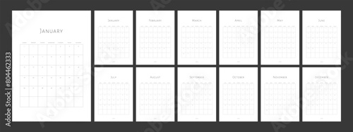 Calendar 2025. Calendar template 2025 for wall and desk use. Set of ready to print monthly vertical A4 designs. Minimal grid planner modern 2025 calendar.