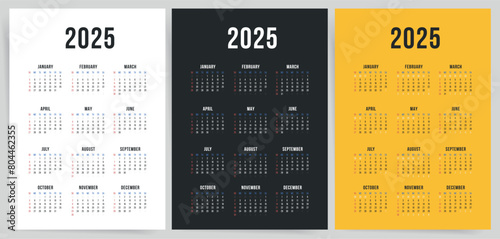 One Page Calendar 2025. Calendar templates 2025 for wall and desk use. Set of ready to print annual layouts. Business minimal modern 2025 calendar.