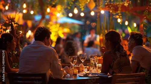 Diverse group of individuals seated around a table in a bustling restaurant, engaged in conversation and dining together.