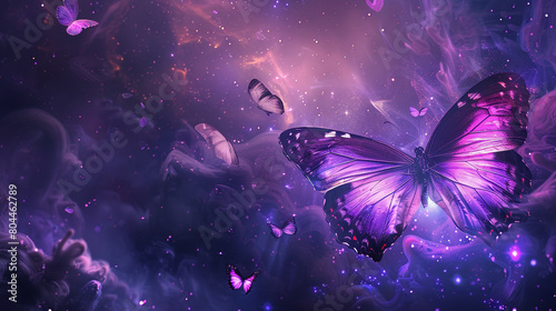 Cosmic butterflies with glowing purple wings, crystal and sparkle stuff everywhere. Flying in space.  © Aisyaqilumar