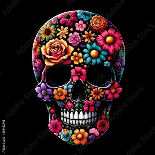 silhouette logo sketch for tattoo Human skull with flowers inside, cartoon style