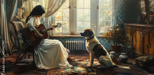 A beautiful elegant female in long skirt playing guitar at home with a dog photo
