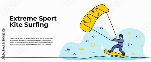 Vector illustration of  a man kite surfing. Modern flat in continuous line style.
