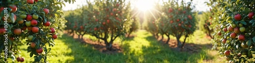 Fruit farm with apple trees. A branch with natural apples on a blurred background of an apple orchard at the golden hour. The concept of organic, local, seasonal fruits and harvesting. © 360VP