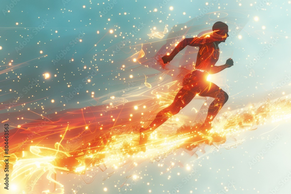 An athlete in full sprint, enveloped in a cascade of sparkling lights, exemplifies the energy of a track competition. An athlete in full sprint, enveloped in a cascade of sparkling lights, exemplifies the energy of a track competition.