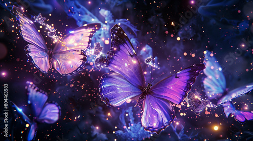 Cosmic butterflies with glowing purple wings  crystal and sparkle stuff everywhere. Flying in space. 