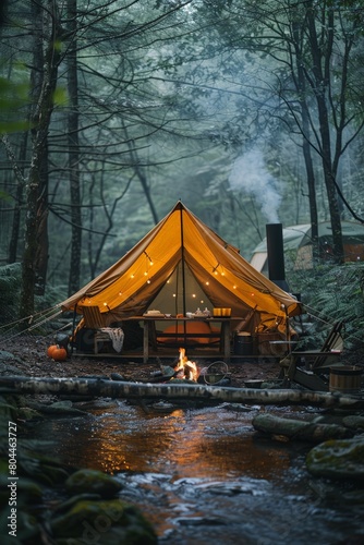 Tent camping setup along wooded stream