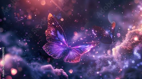 Cosmic butterflies with glowing purple wings  crystal and sparkle stuff everywhere. Flying in space. 