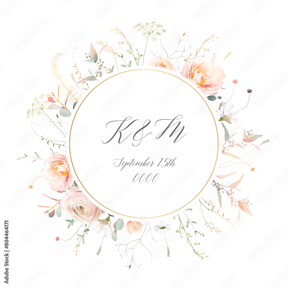 Herbs, branches and rose flowers vector frame. Hand painted branches, leaves on white background. Greenery wedding simple minimalist invitation.Watercolor style card.Elements are isolated and editable