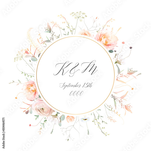 Herbs, branches and rose flowers vector frame. Hand painted branches, leaves on white background. Greenery wedding simple minimalist invitation.Watercolor style card.Elements are isolated and editable