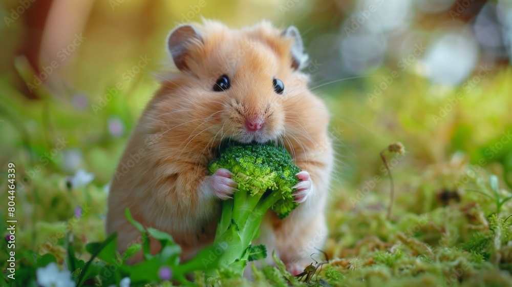 Cute hamster eating broccoli