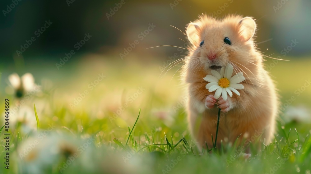 Lovely cute hamster on lawn with beautiful flowers Lovely cute hamster on lawn with beautiful flowers
