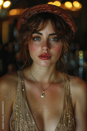 Woman in gold dress and red hat at speakeasy party photo