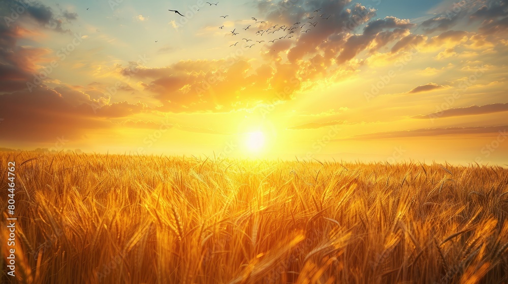 Golden Sunrise: A Majestic Field of Wheat Bathed in the First Light of Day