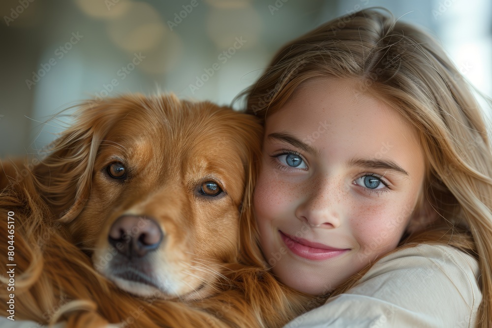 Girl and dog posing together