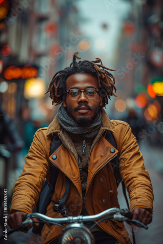 Man with dreadlocks riding bike down urban street