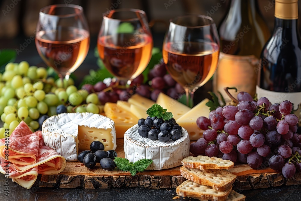 Assorted wine and cheese spread on table Assorted wine and cheese spread on table