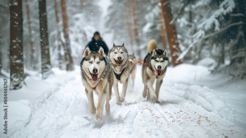 Dog sledding in forest with snow in winter