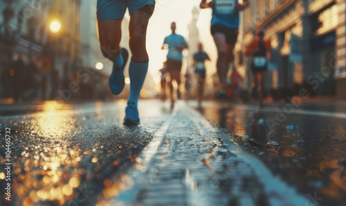 lose up of running people during a marathon race on a city street, depicting competition and sport.  photo