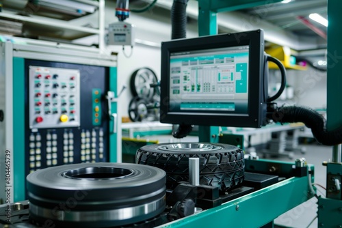 A high-tech monitor displays detailed analytics in a tire production line with robotic machinery.