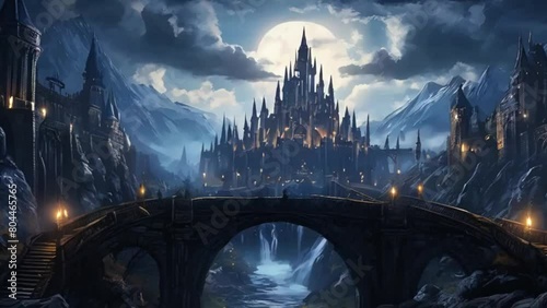 Journey though a Dark Gritty Fantasy Kingdom with Castles, Magic, Kings, Queens, Sorceresses, Stone Bridges, Mysterious Rooftops, Magic Spells. [Fantasy, Animation, Video Game, Anime, Animated Clip.]. photo