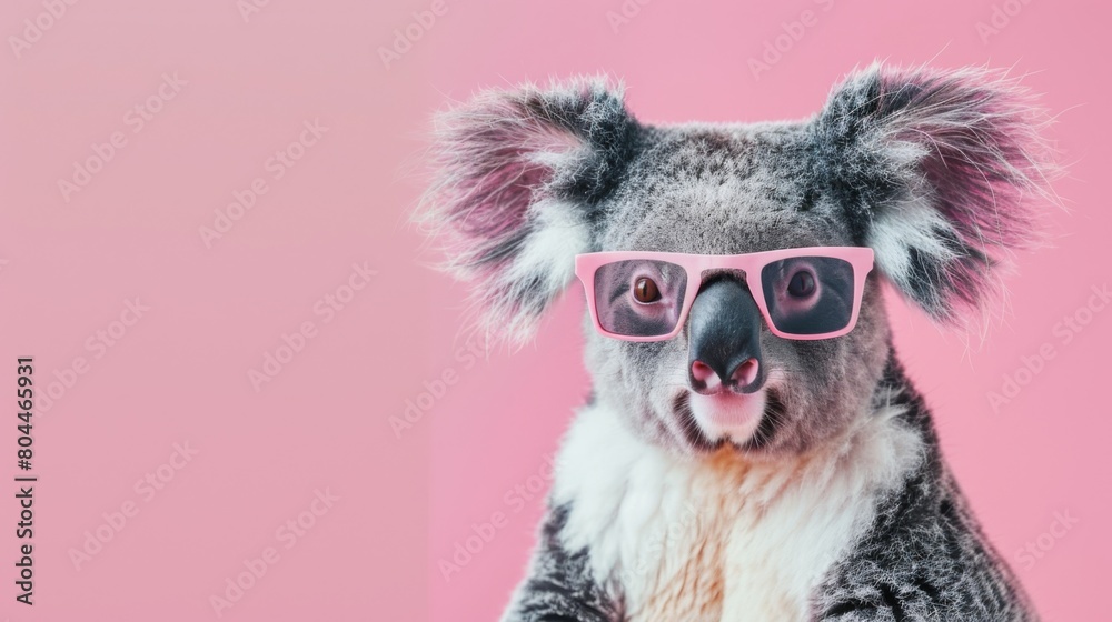 Fototapeta premium A fancy koala wearing glasses on pink background. Animal wearing sunglasses