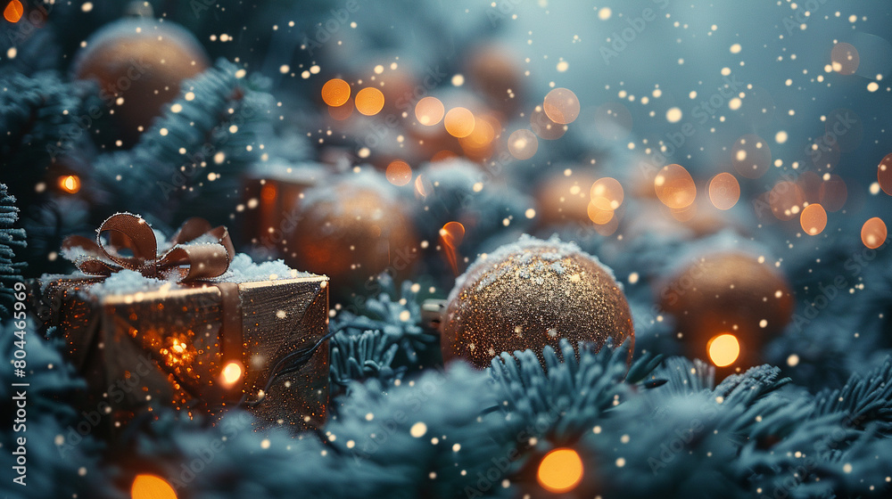 christmas tree with balls. Image with copyspace and bokeh