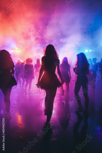 A group of dancers backlit by radiant neon lights, casting dynamic silhouettes, with smoke adding atmosphere.